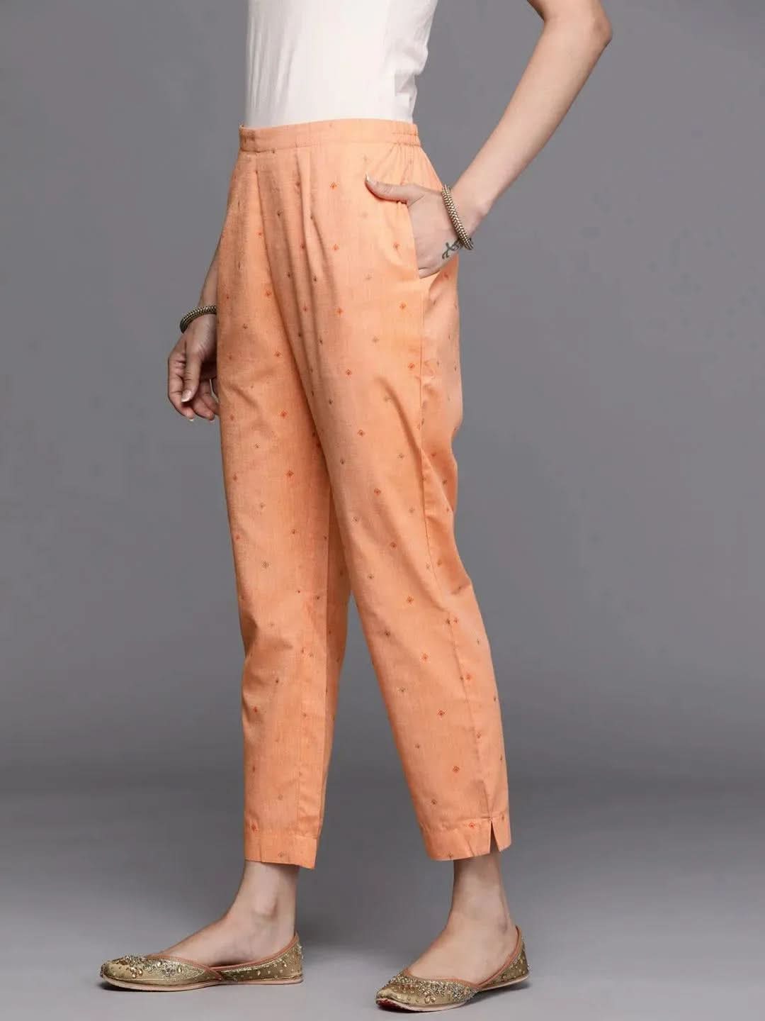 Orange Printed Cotton Trousers - Libas 