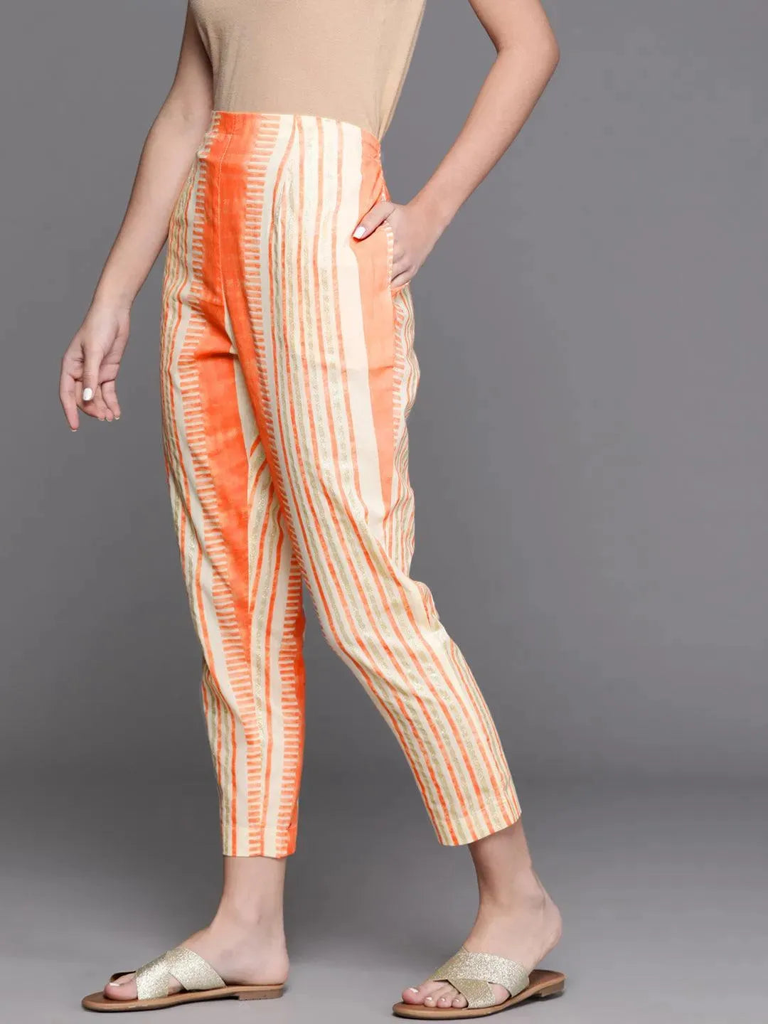 Orange Printed Cotton Trousers - Libas