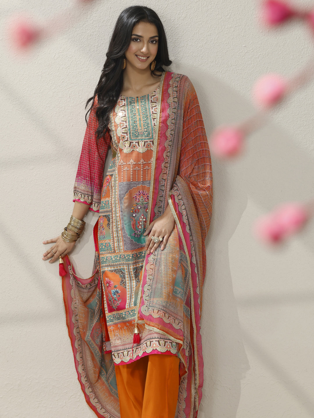 Orange Printed Crepe Straight Suit Set With Dupatta