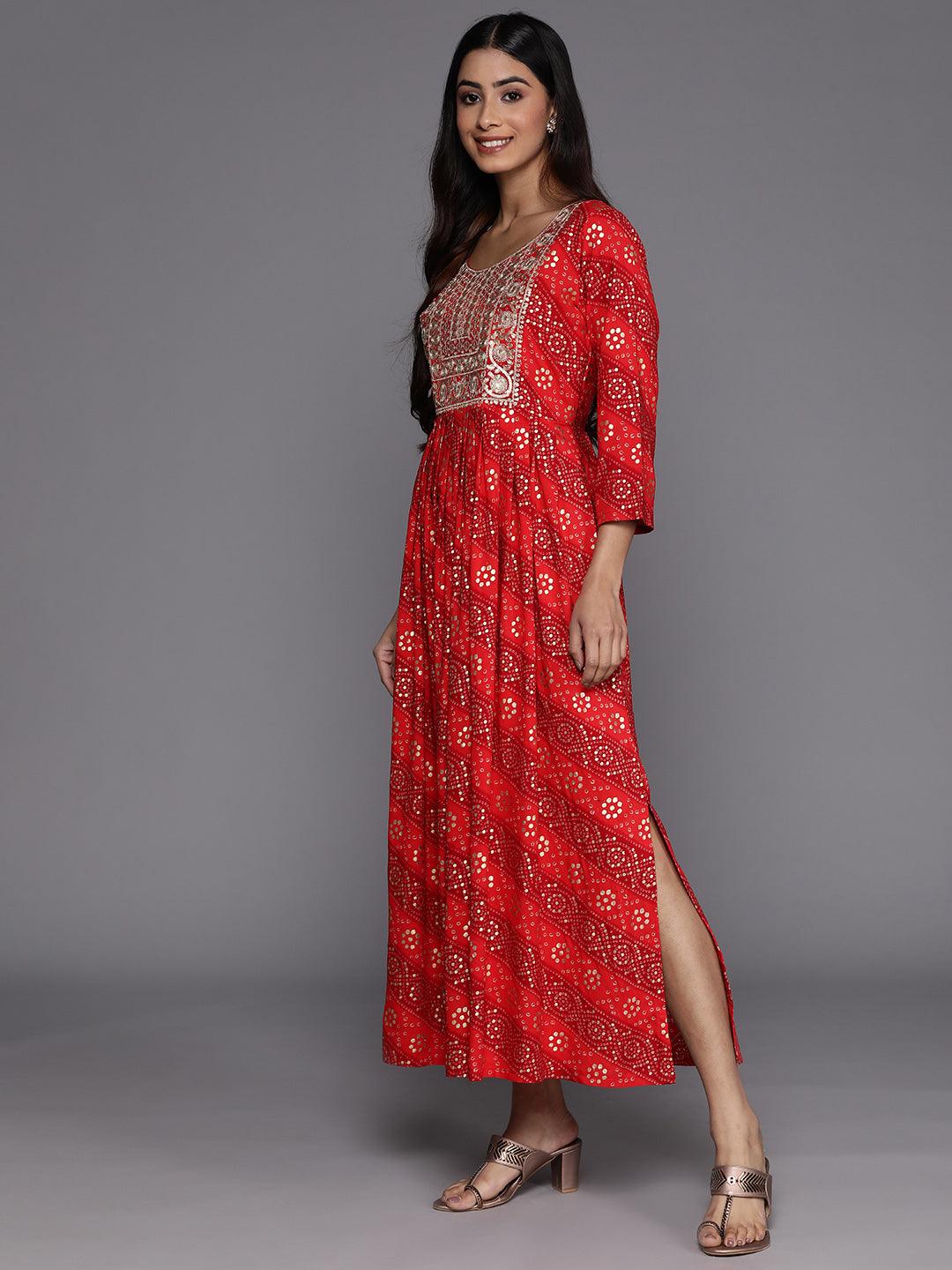 Orange Printed Fit and Flare Rayon Dress - Libas