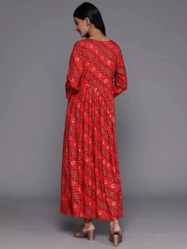 Orange Printed Fit and Flare Rayon Dress - Libas