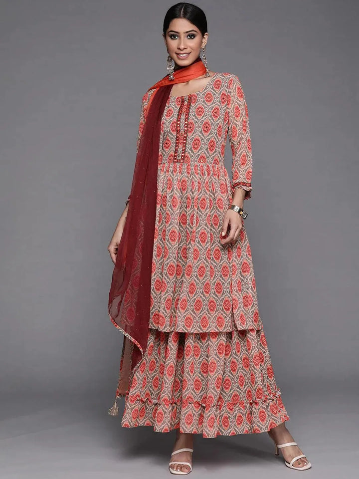 Orange Printed Georgette Suit Set - Libas