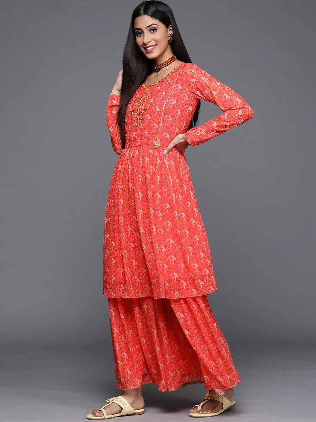 Orange Printed Georgette Suit Set - Libas 