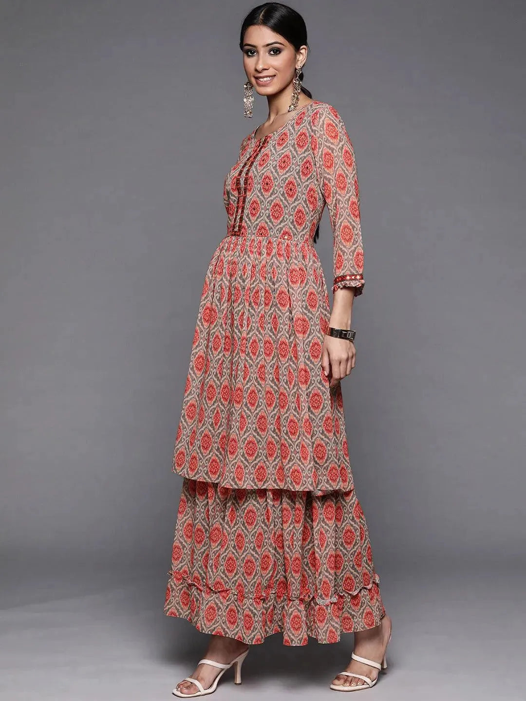 Orange Printed Georgette Suit Set - Libas 