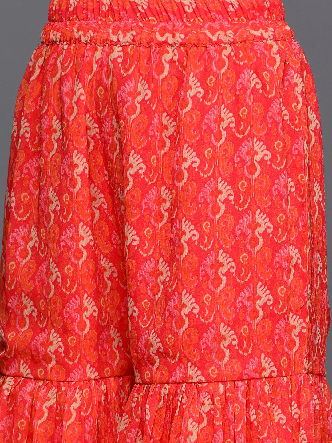 Orange Printed Georgette Suit Set - Libas
