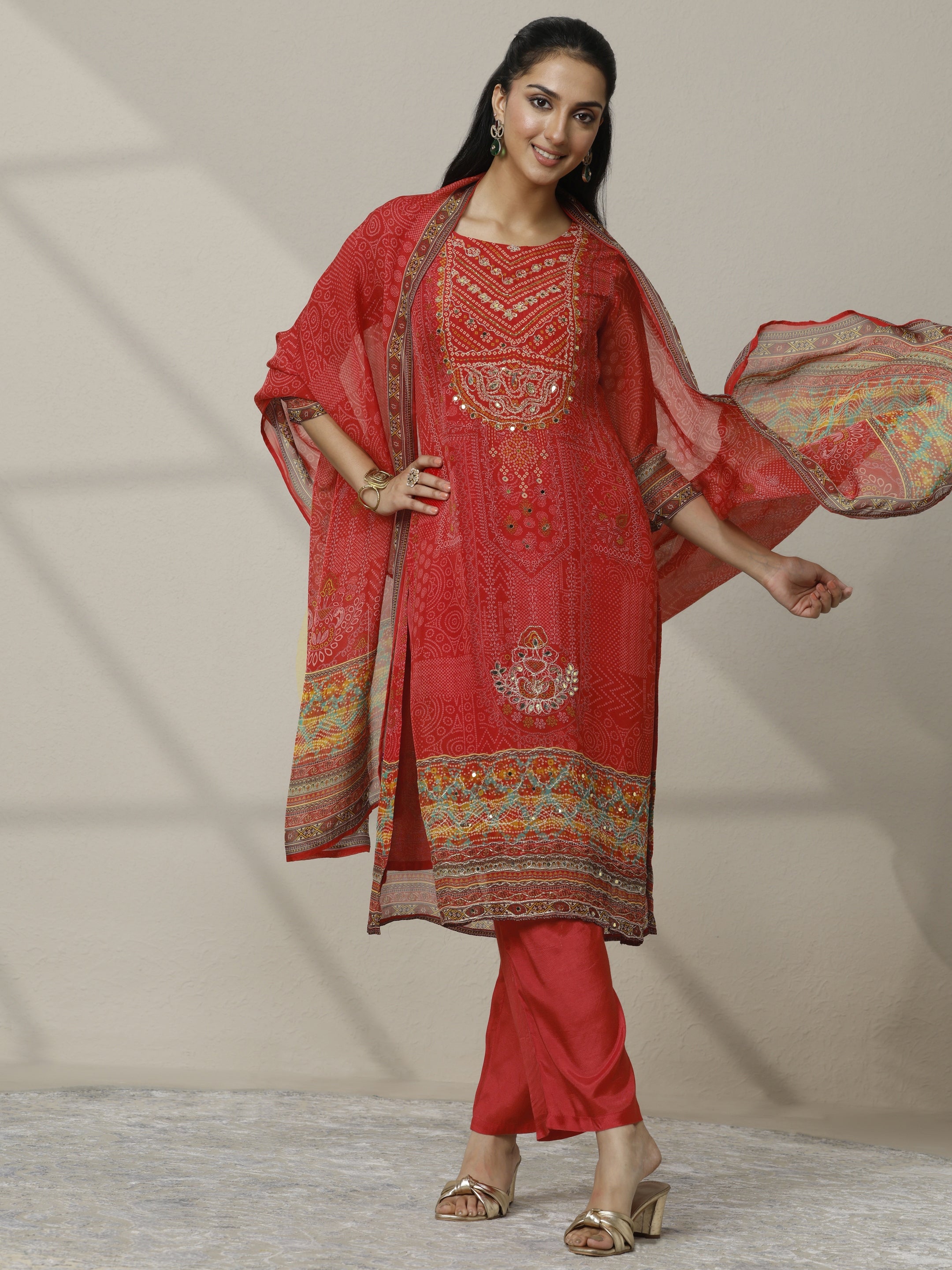 Orange Printed Organza Straight Suit Set With Dupatta-image-42