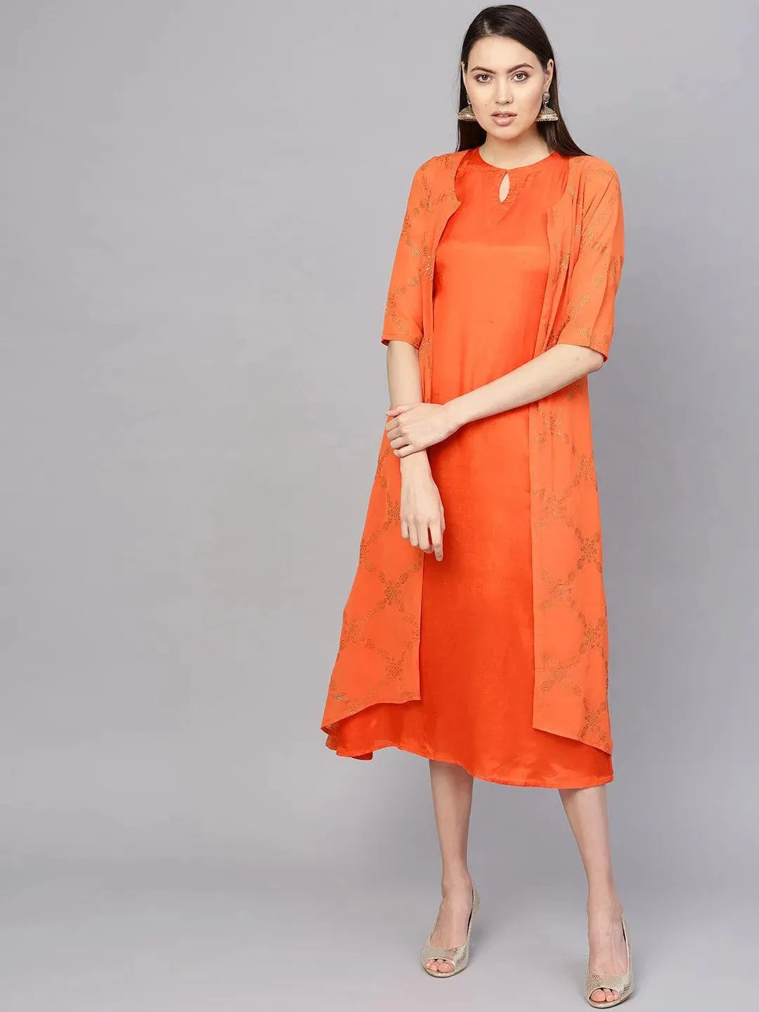 Orange Printed Polyester Dress With Jacket - Libas 