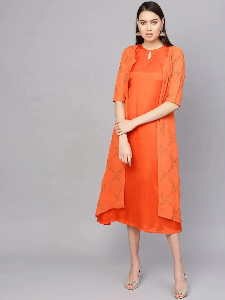 Orange Printed Polyester Dress With Jacket - Libas