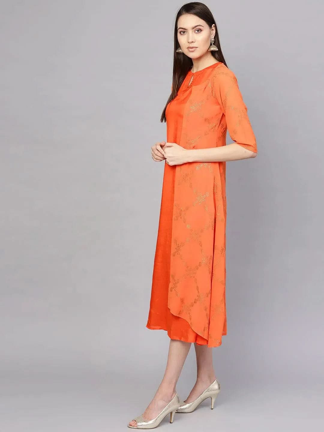 

Orange Printed Polyester Dress With Jacket