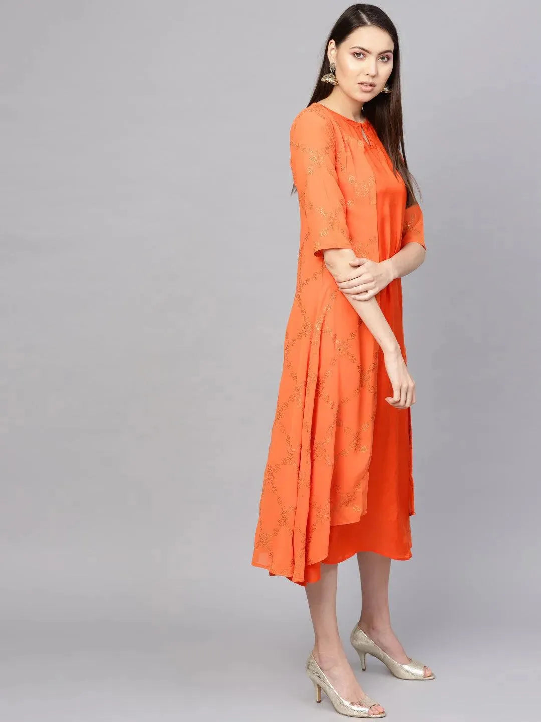 Orange Printed Polyester Dress With Jacket - Libas