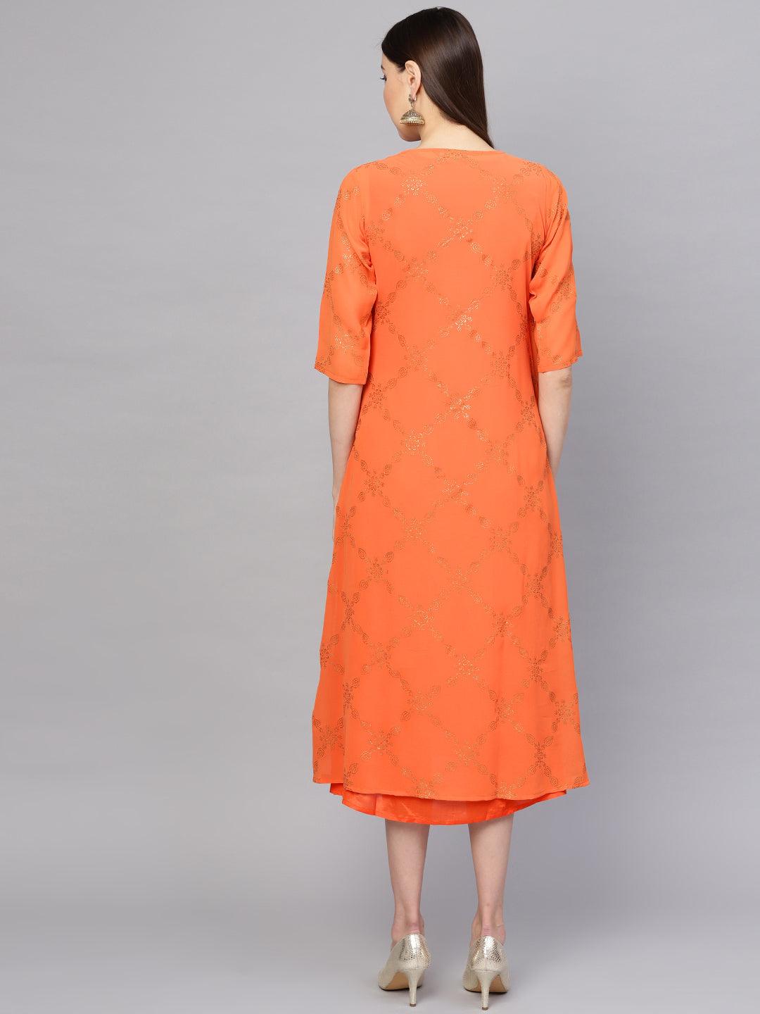 Orange Printed Polyester Dress With Jacket - Libas