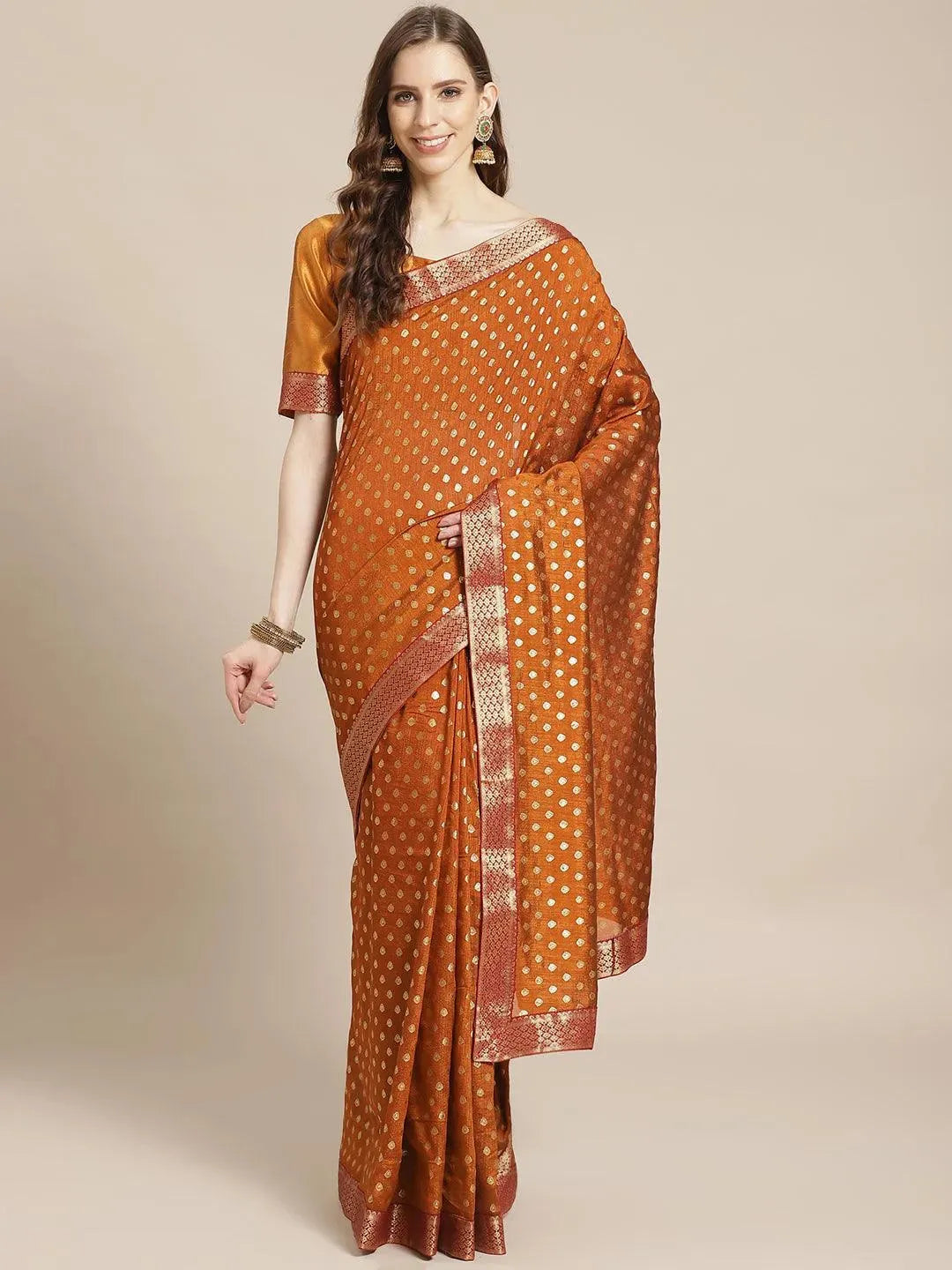 Orange Printed Polyester Saree - Libas