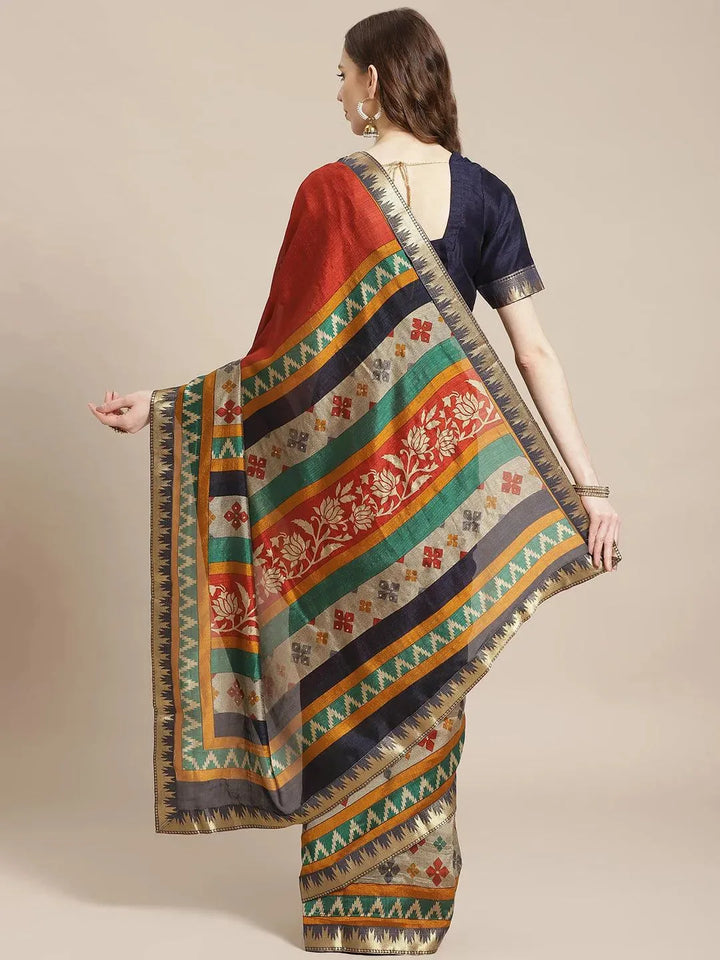 Orange Printed Polyester Saree - Libas