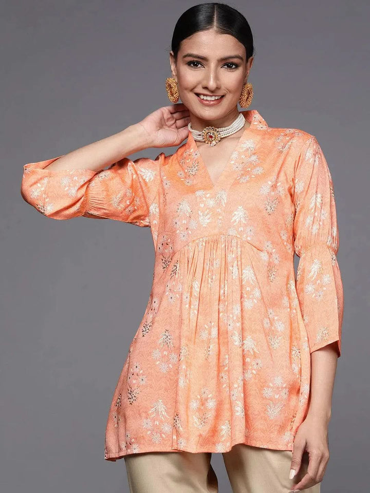 Orange Printed Rayon A-Line Kurti - Libas