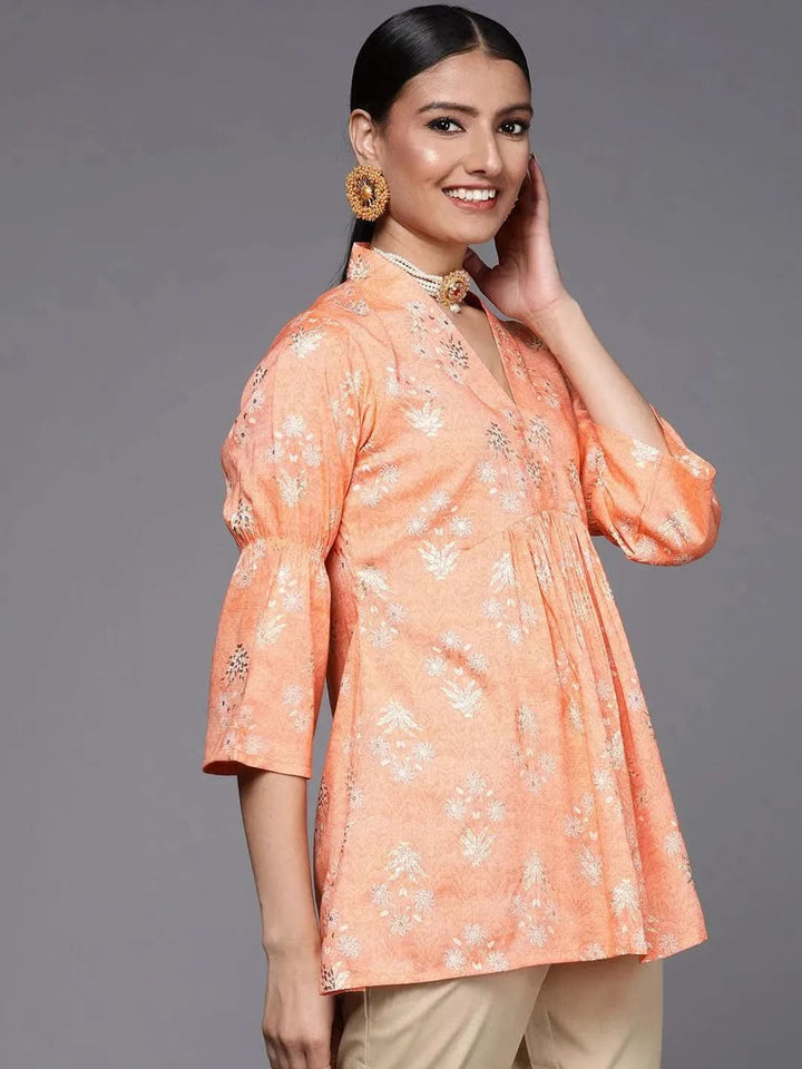 Orange Printed Rayon A-Line Kurti - Libas