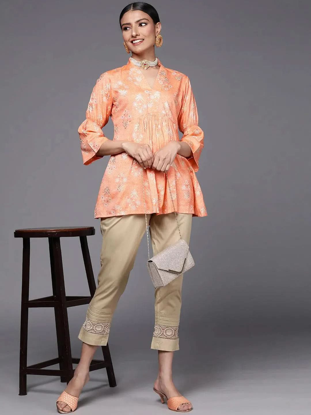 Orange Printed Rayon A-Line Kurti - Libas 