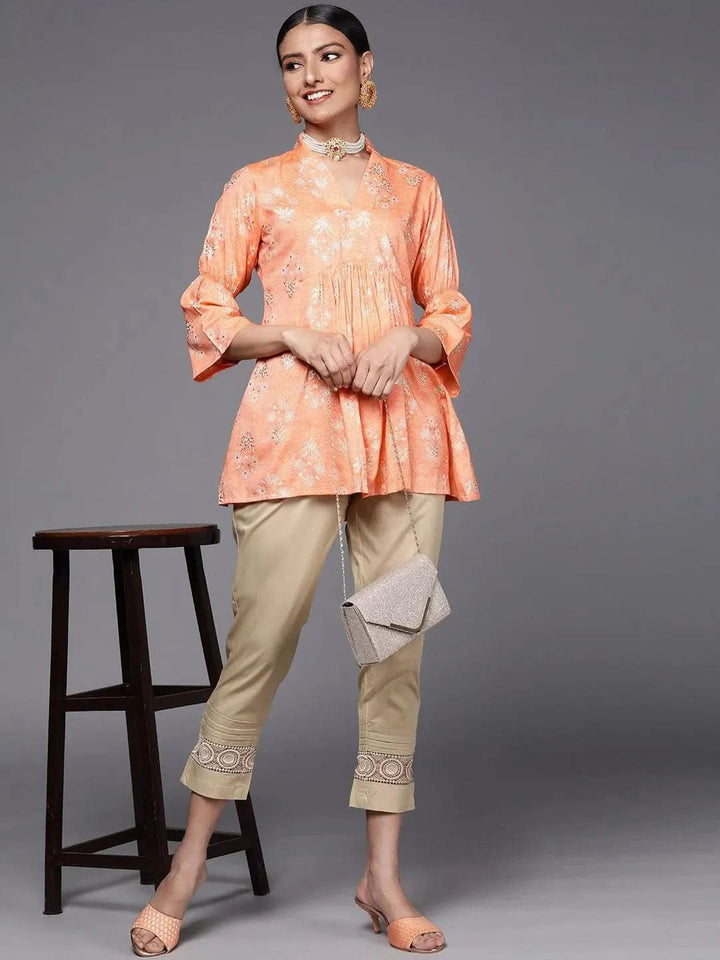 Orange Printed Rayon A-Line Kurti - Libas