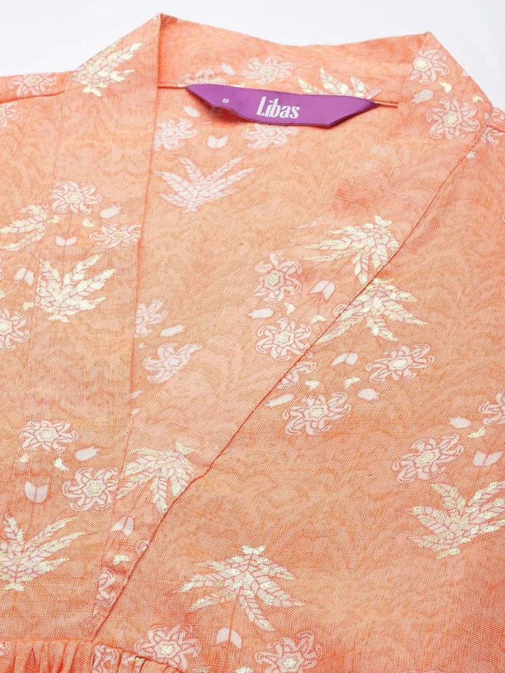 Orange Printed Rayon A-Line Kurti - Libas