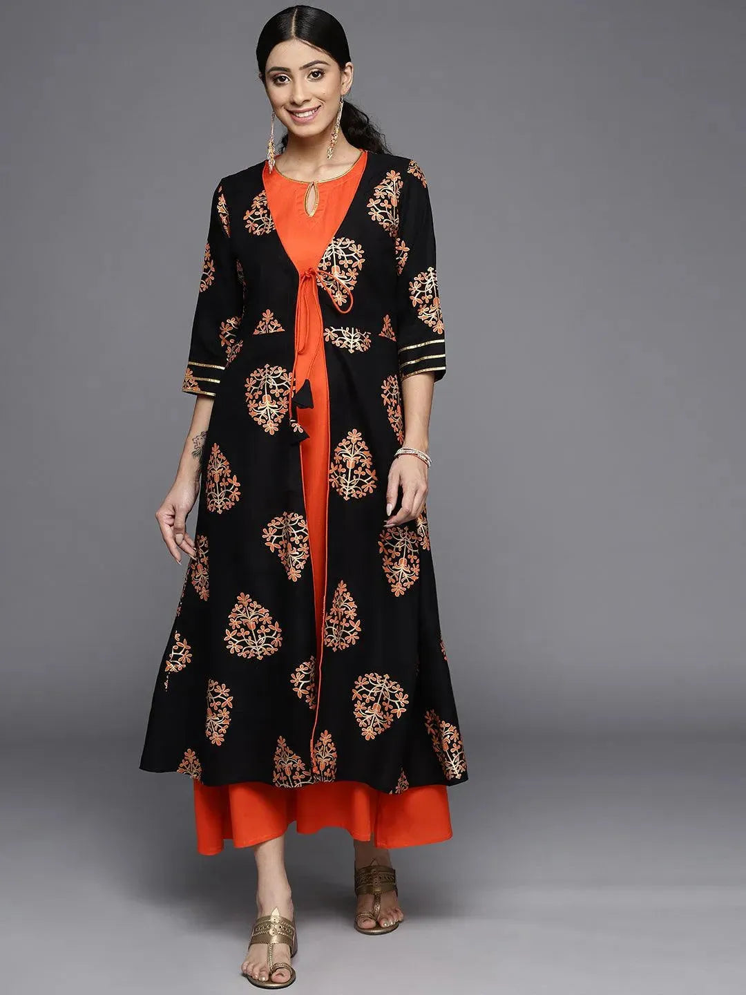 Orange Printed Rayon Dress - Libas