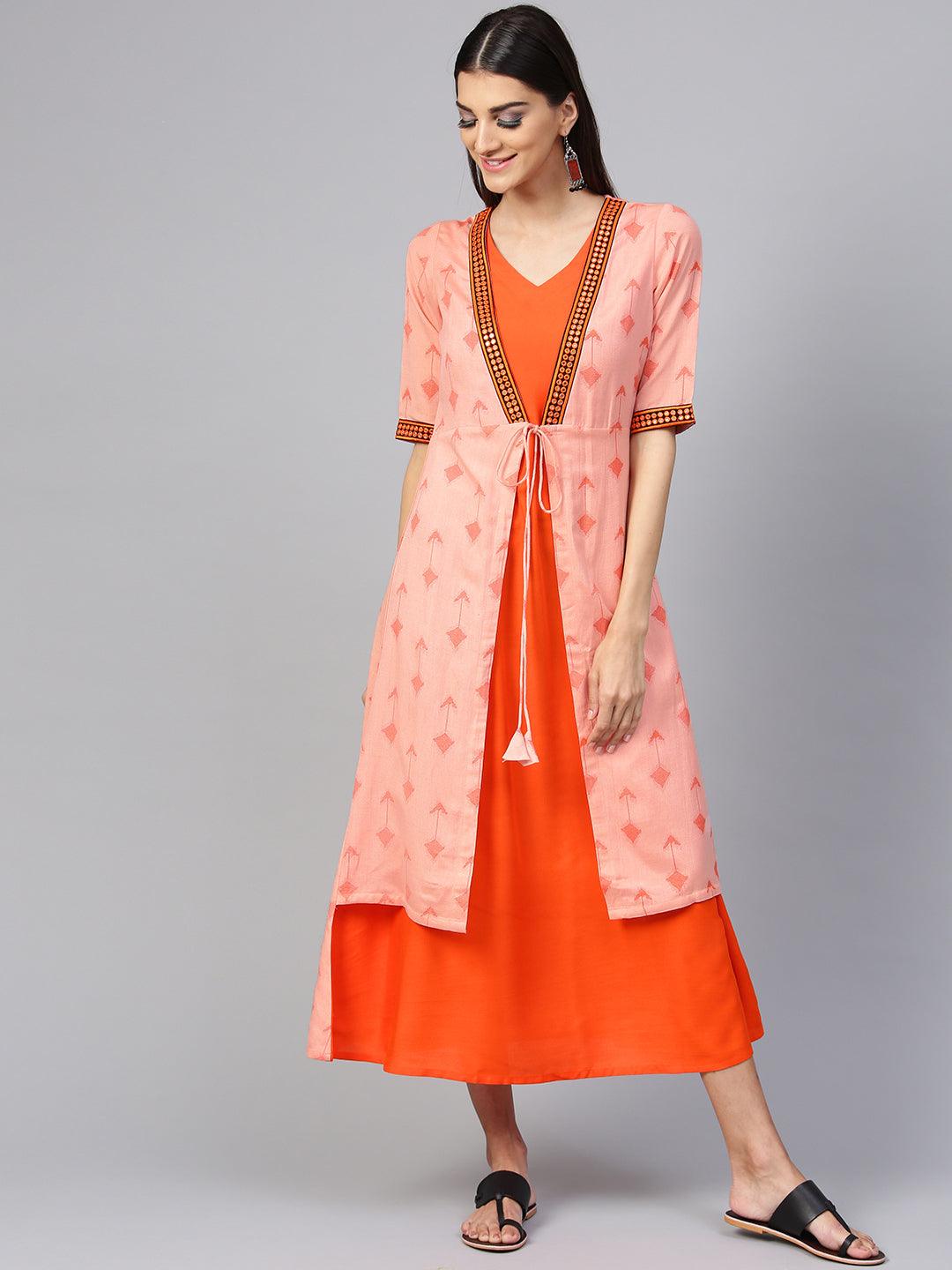 Orange Printed Rayon Dress With Jacket