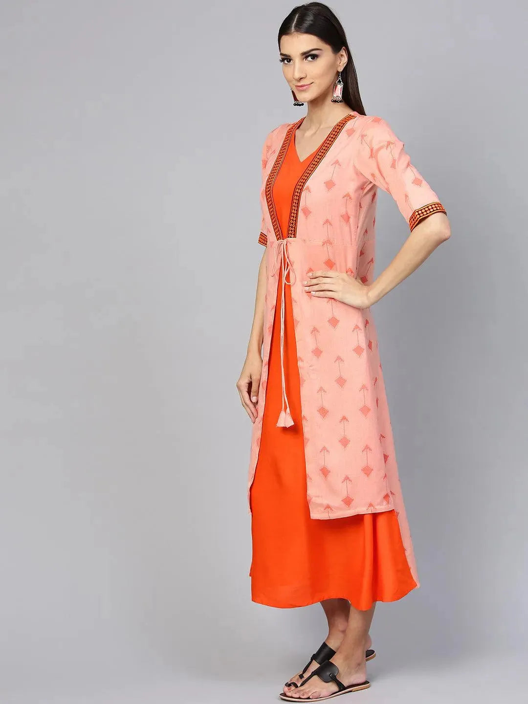 Orange Printed Rayon Dress With Jacket - Libas