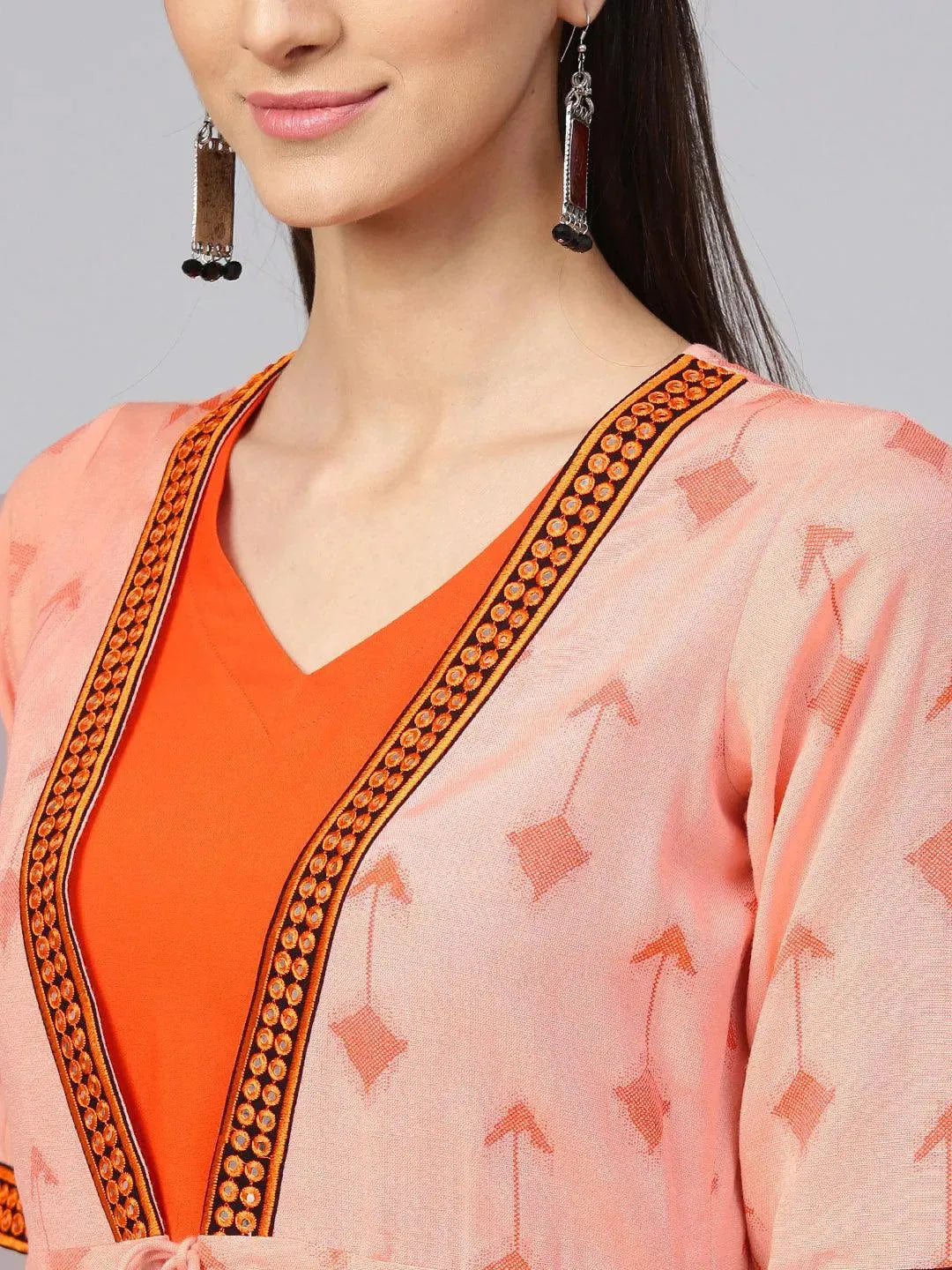 Orange Printed Rayon Dress With Jacket - Libas 