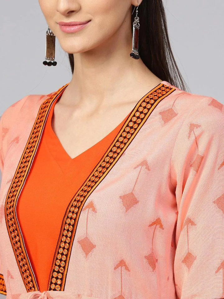 Orange Printed Rayon Dress With Jacket - Libas