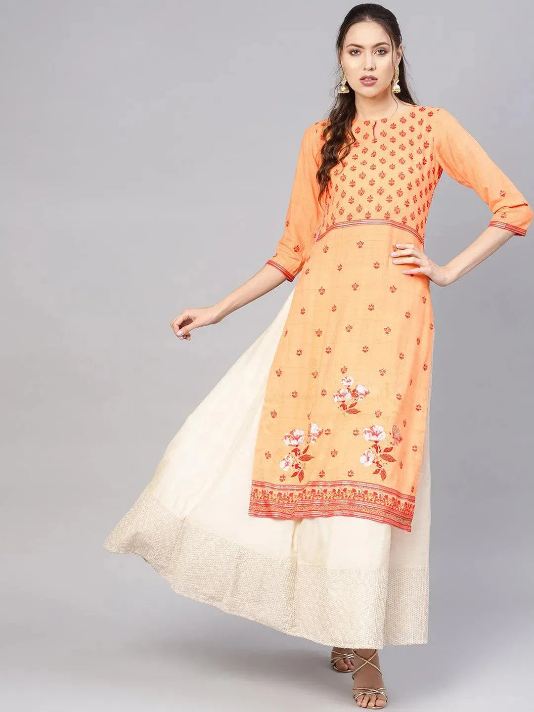 Orange Printed Rayon Kurta - Libas