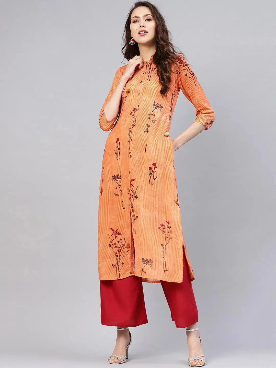 Orange Printed Rayon Kurta - Libas