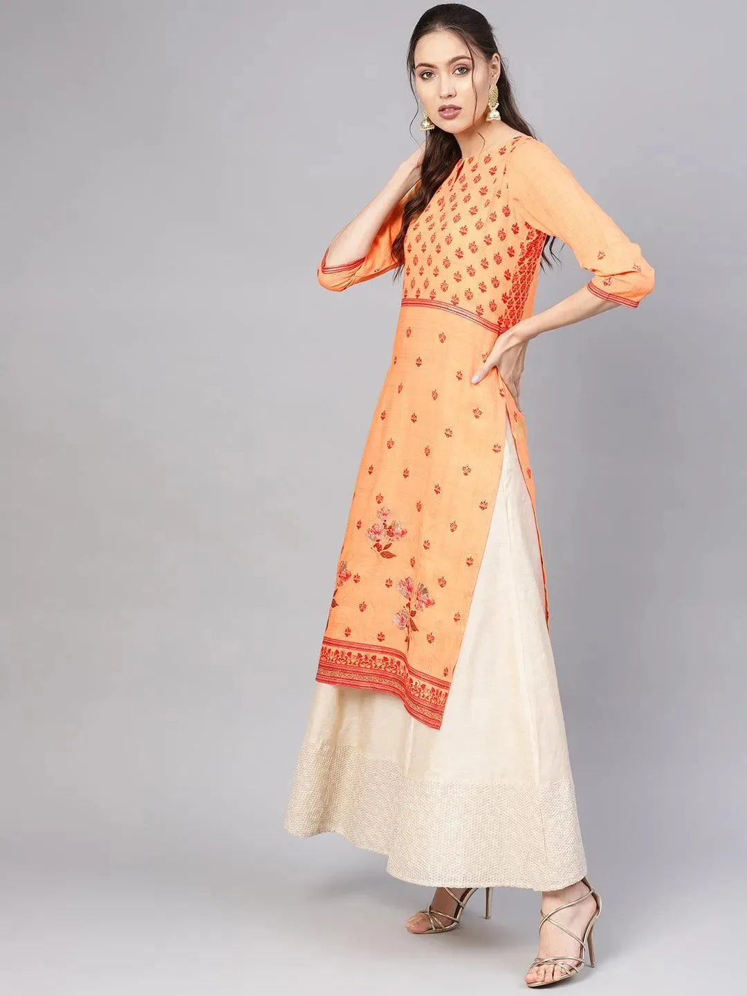 Orange Printed Rayon Kurta - Libas