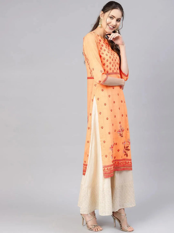 Orange Printed Rayon Kurta - Libas