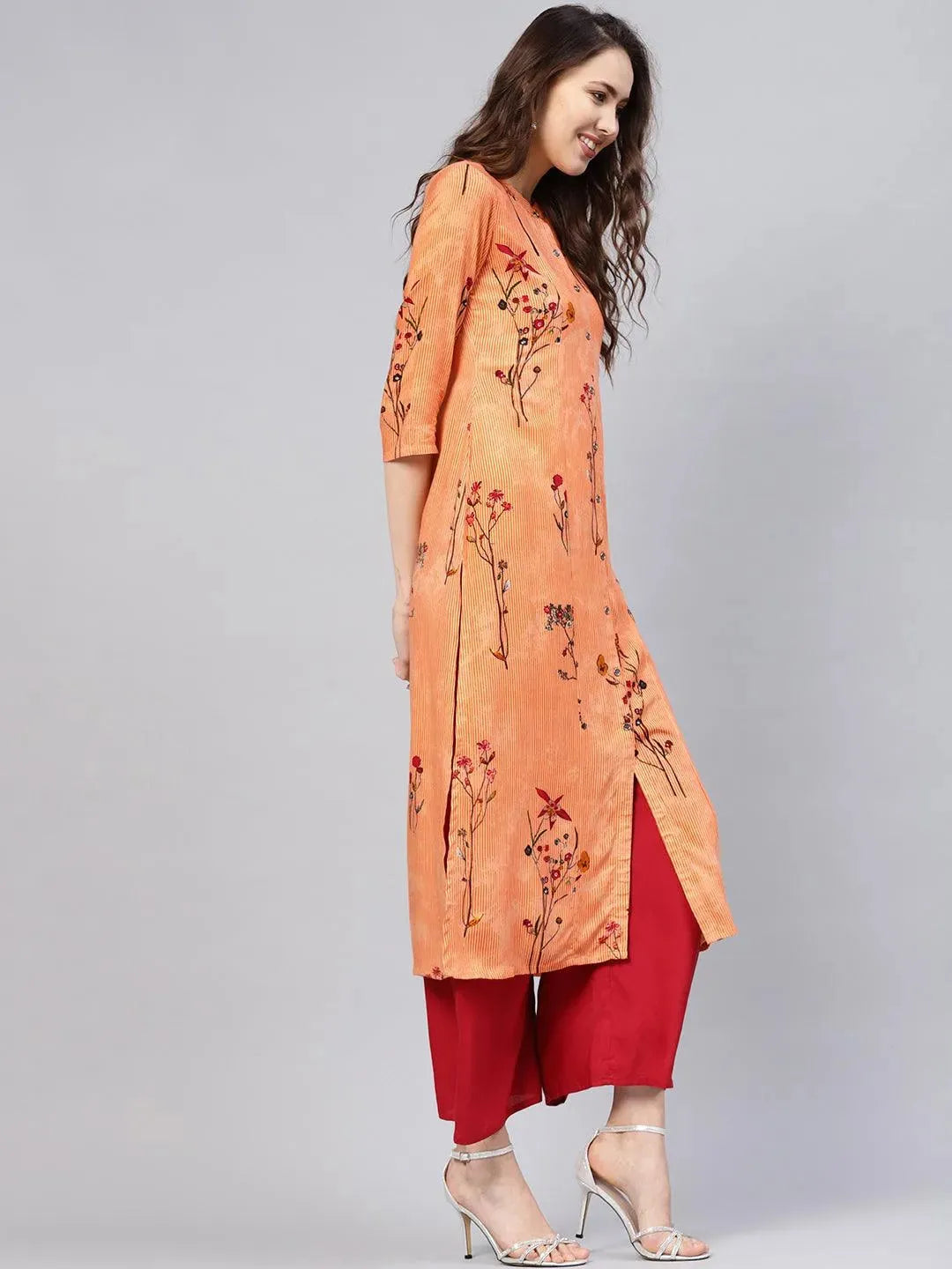 Orange Printed Rayon Kurta - Libas 