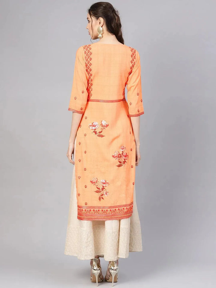 Orange Printed Rayon Kurta - Libas