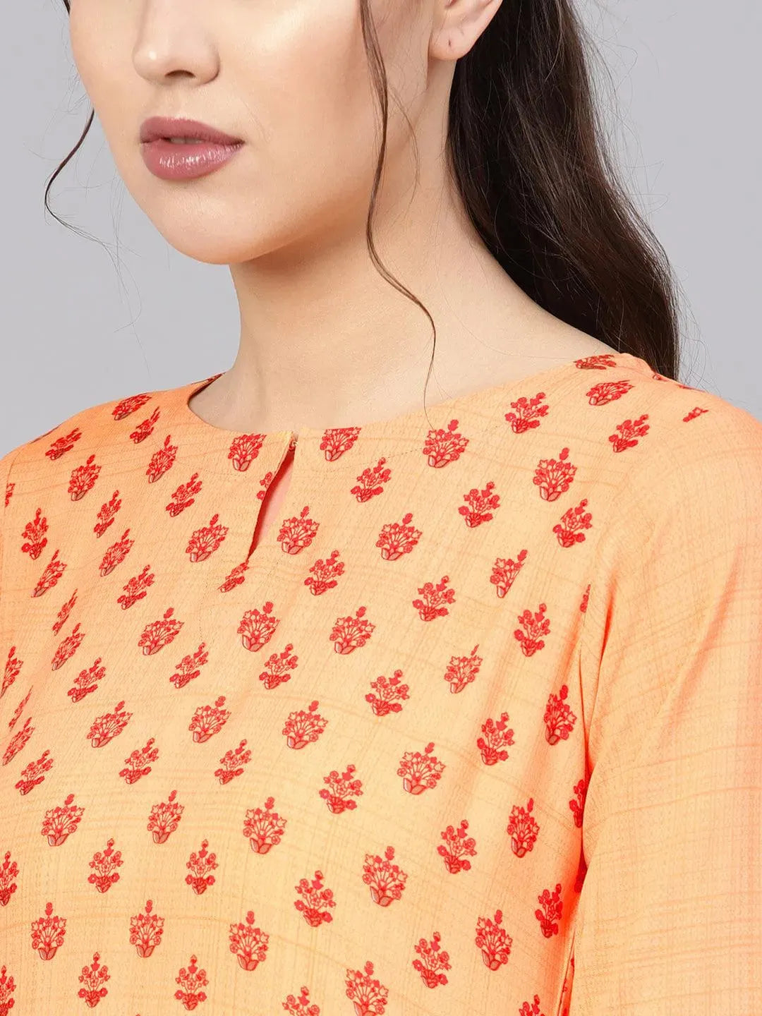 Orange Printed Rayon Kurta - Libas