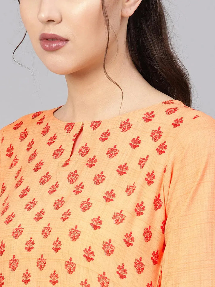 Orange Printed Rayon Kurta - Libas