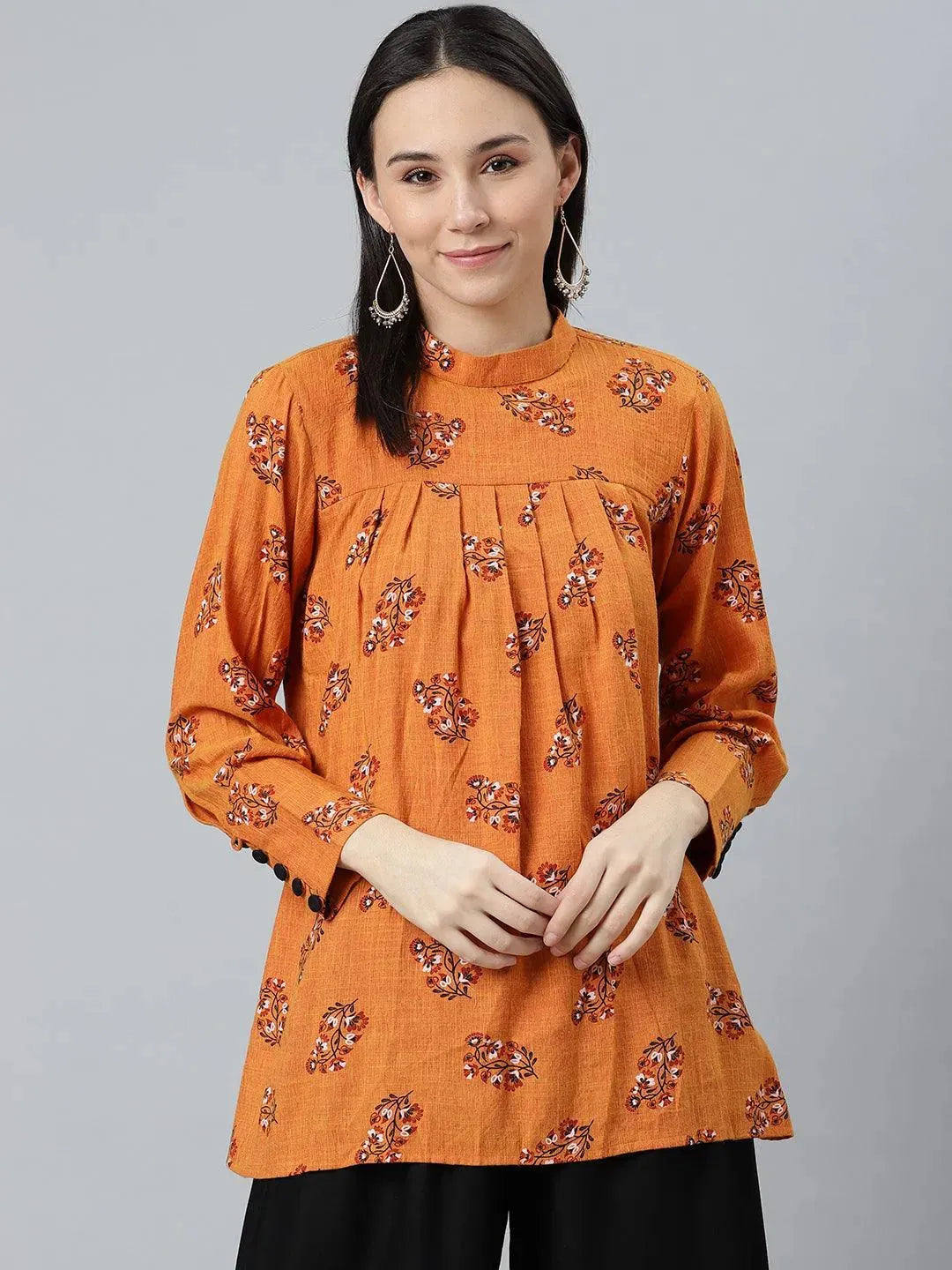 Orange Printed Rayon Kurti - Libas