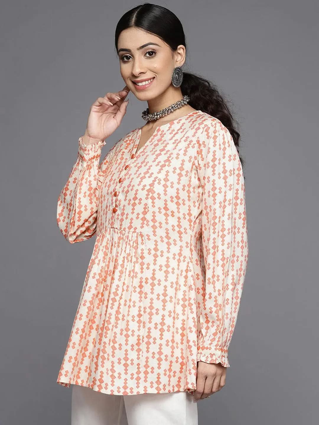 Orange Printed Rayon Kurti - Libas 