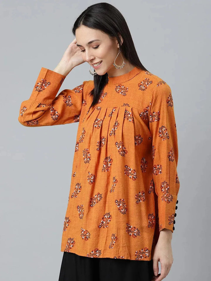 Orange Printed Rayon Kurti - Libas