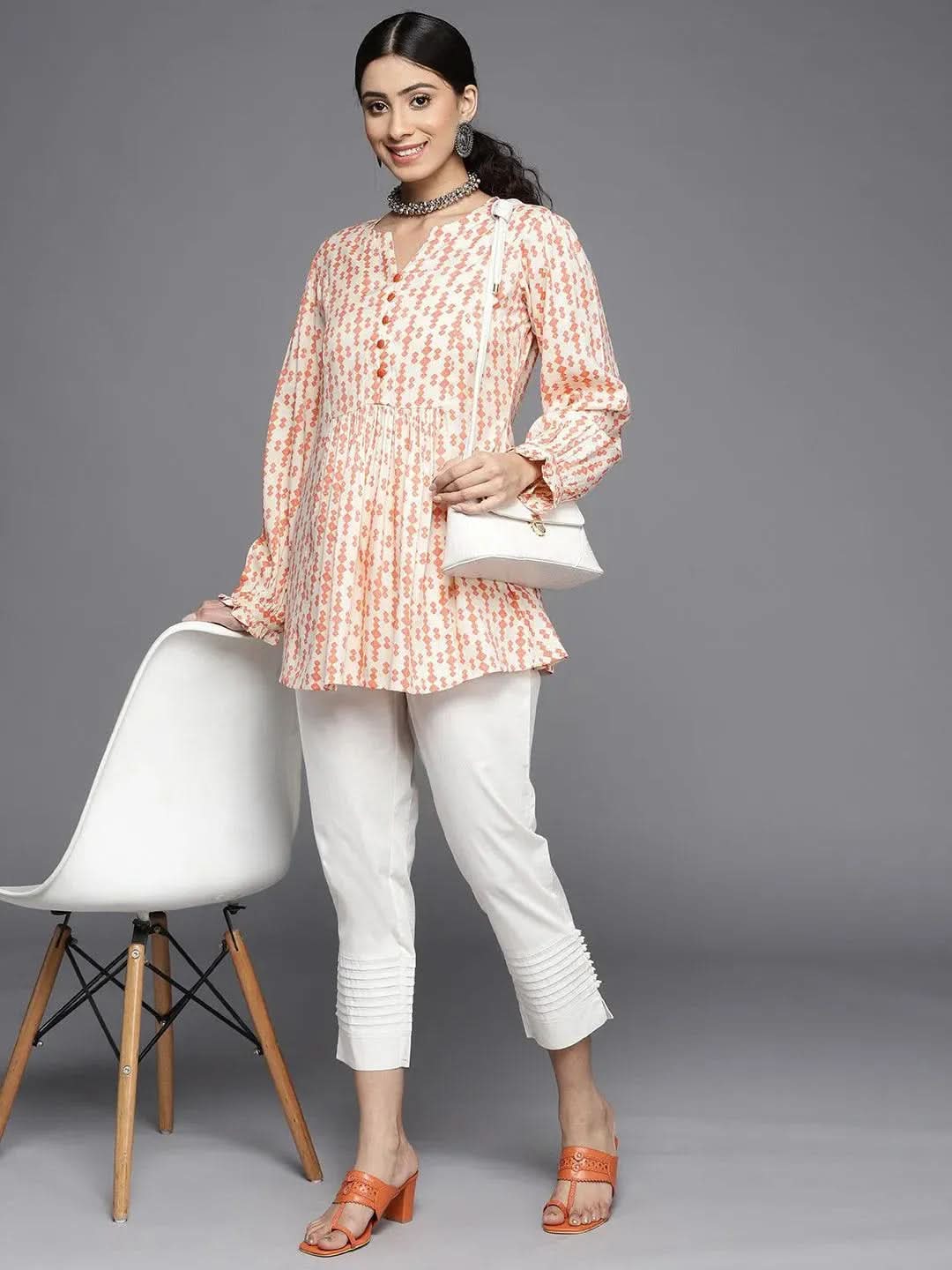 Orange Printed Rayon Kurti - Libas 