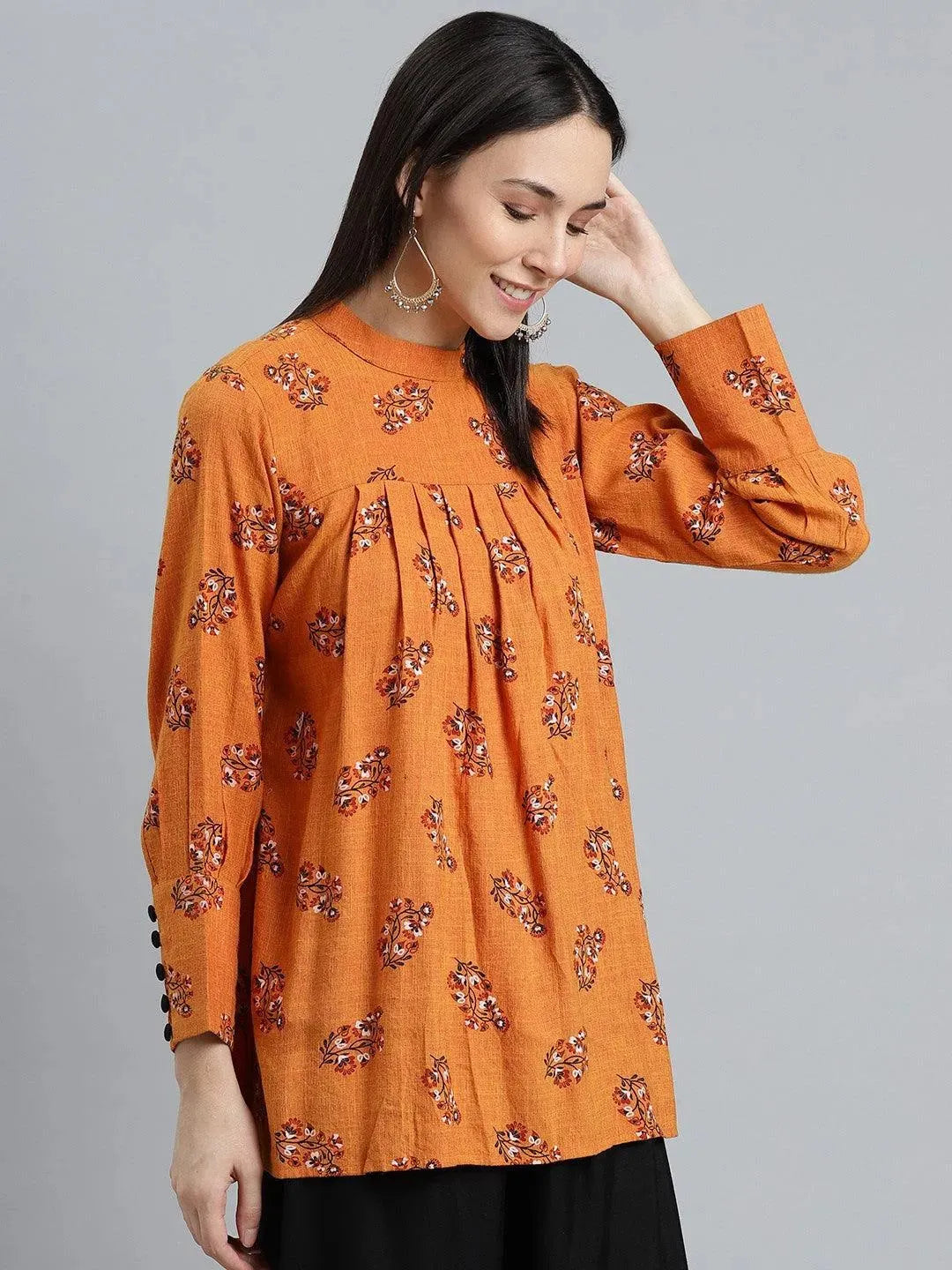 Orange Printed Rayon Kurti - Libas 