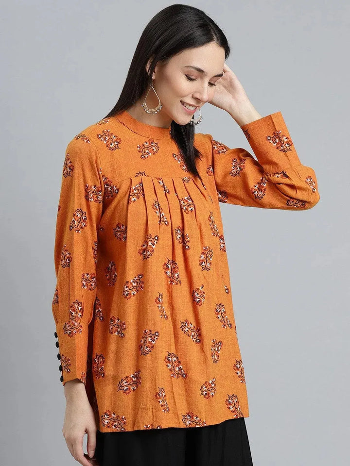 Orange Printed Rayon Kurti - Libas