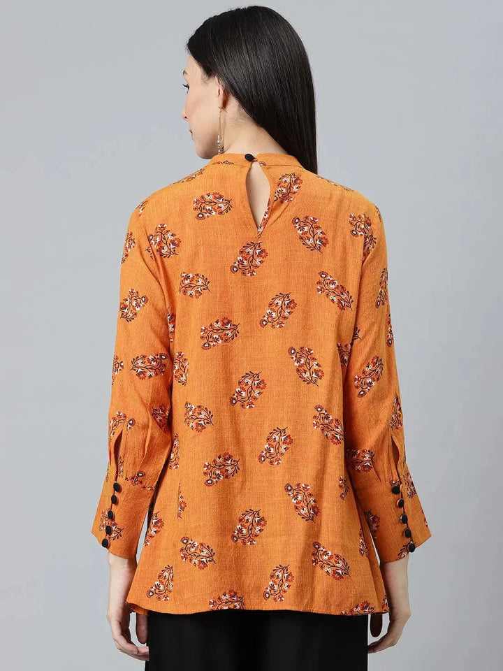 Orange Printed Rayon Kurti - Libas