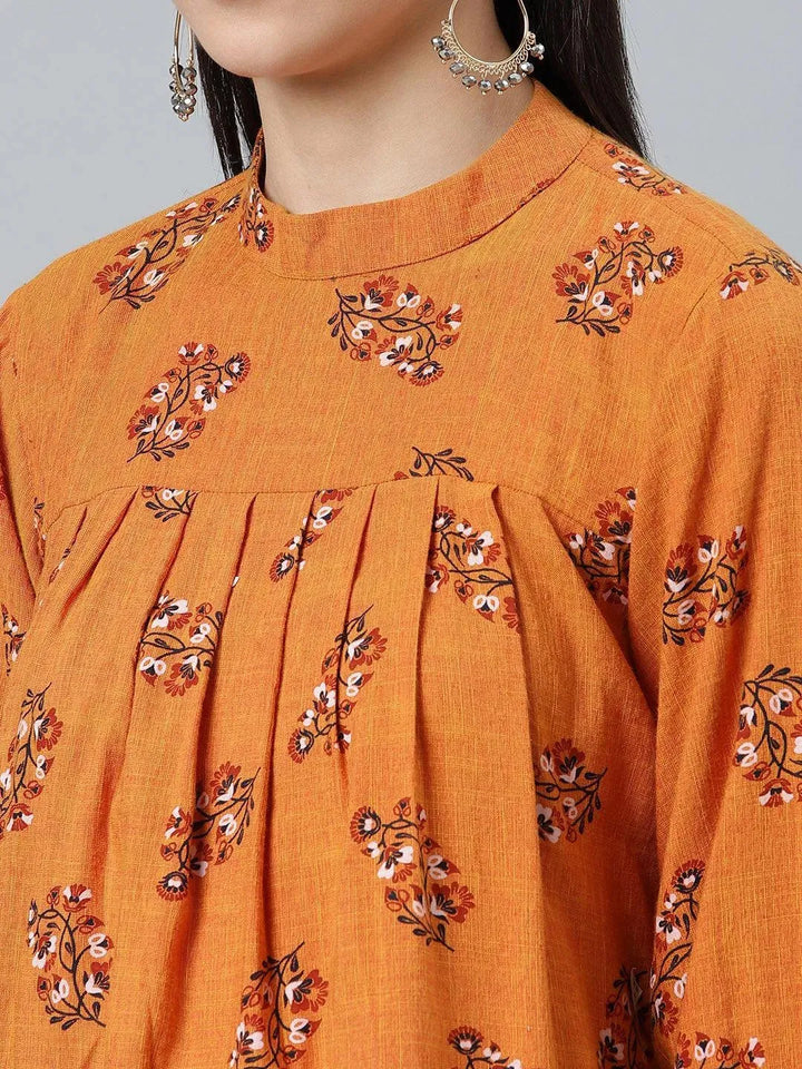 Orange Printed Rayon Kurti - Libas