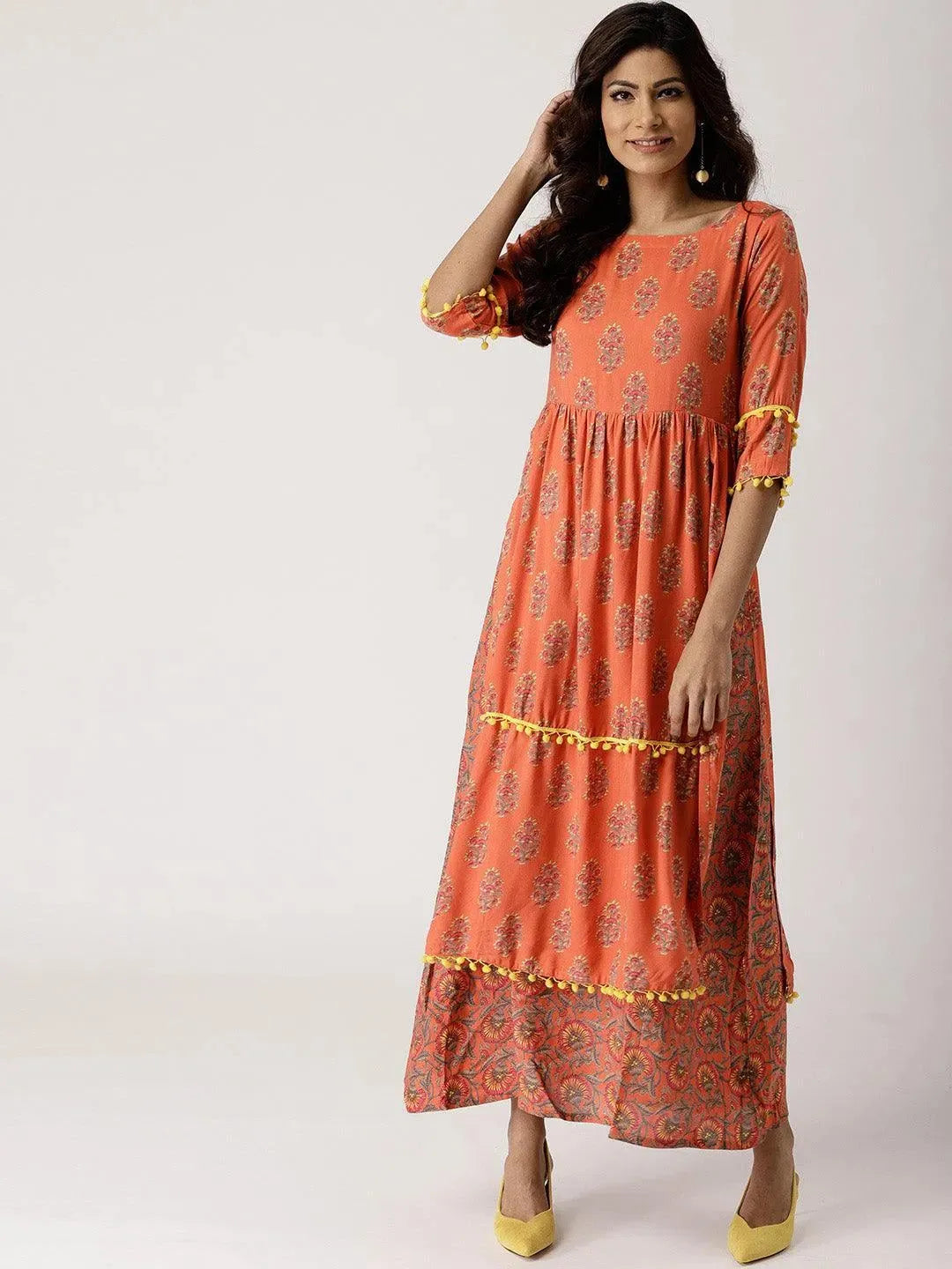 Orange Printed Rayon Layered Dress - Libas