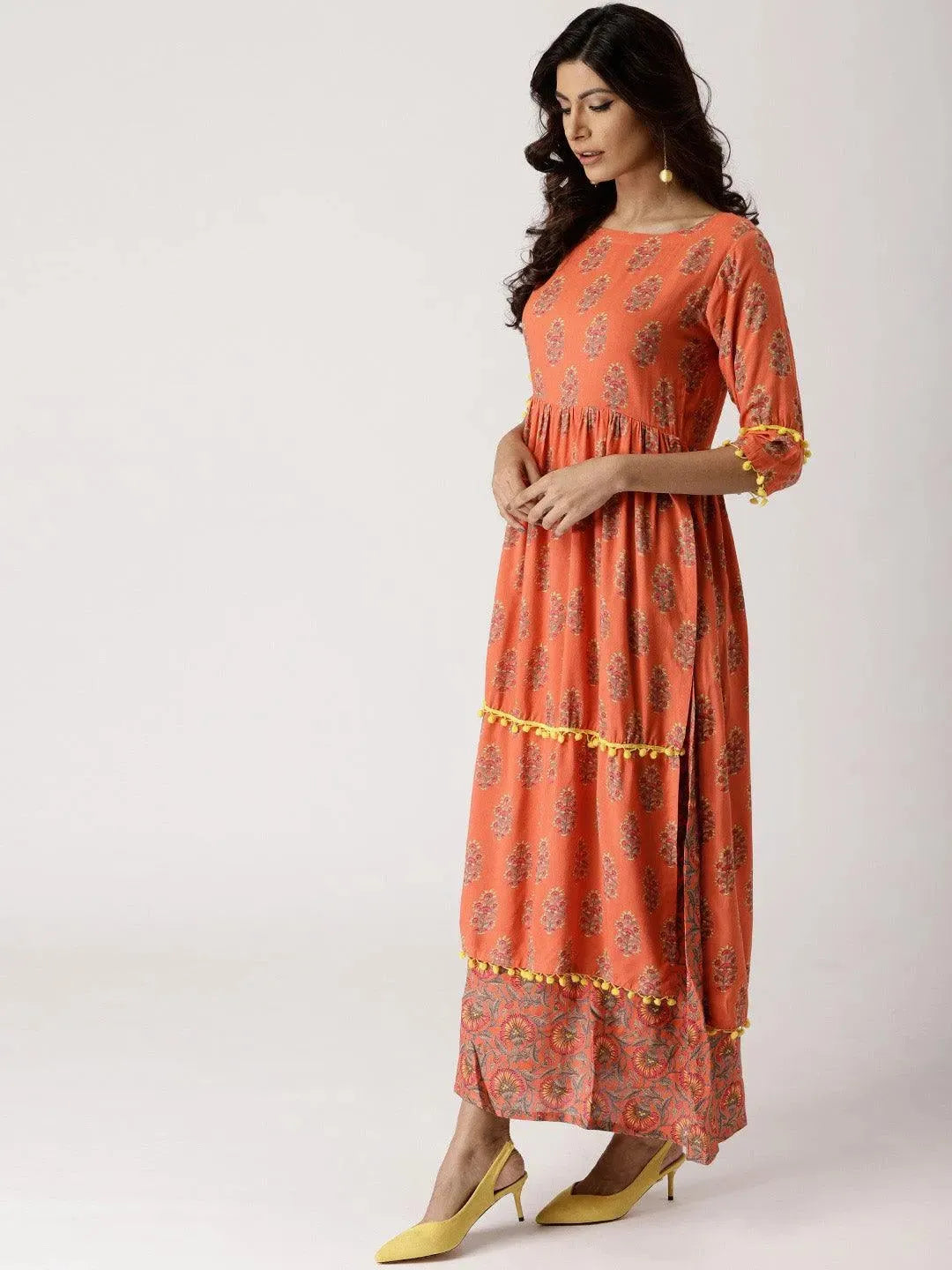 Orange Printed Rayon Layered Dress - Libas 