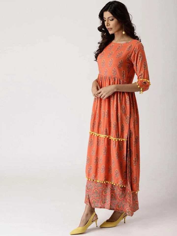 Orange Printed Rayon Layered Dress - Libas
