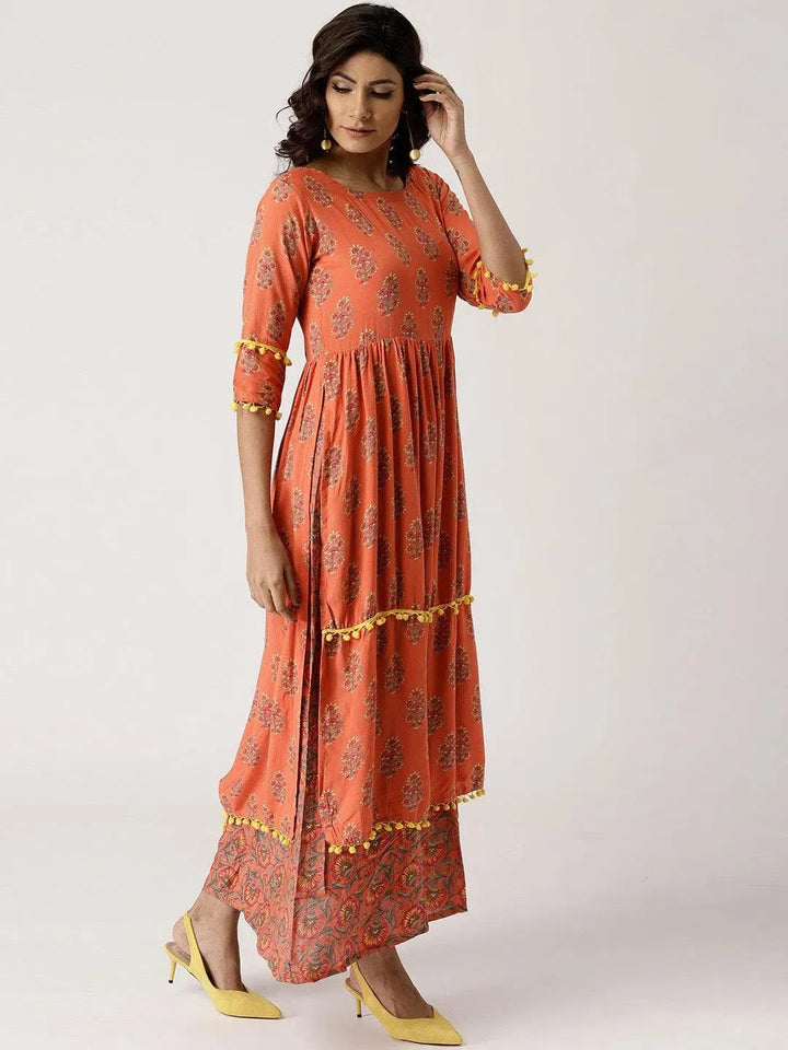 Orange Printed Rayon Layered Dress - Libas