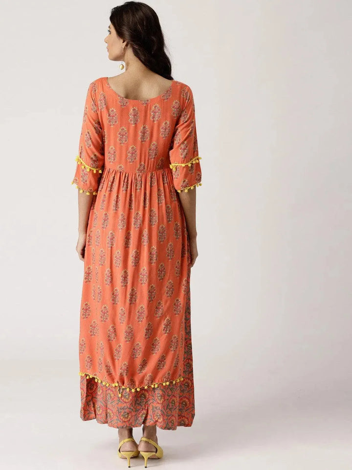 Orange Printed Rayon Layered Dress - Libas