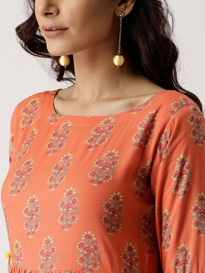 Orange Printed Rayon Layered Dress - Libas
