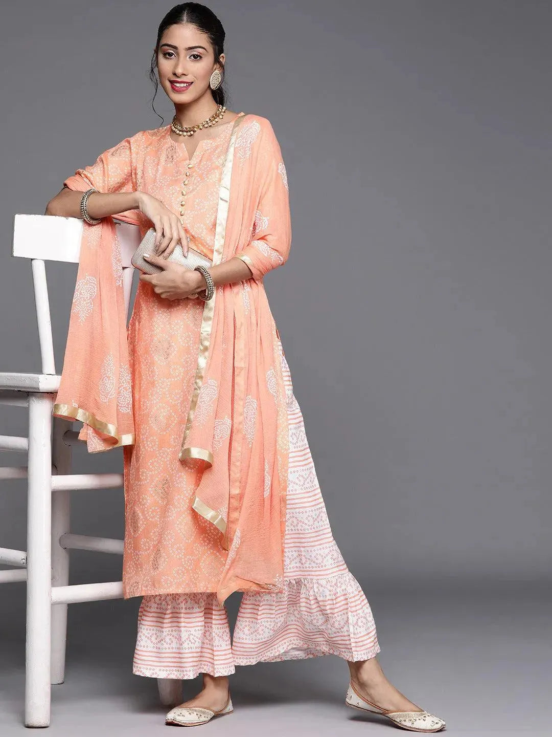 Orange Printed Viscose Rayon Suit Set - Libas 
